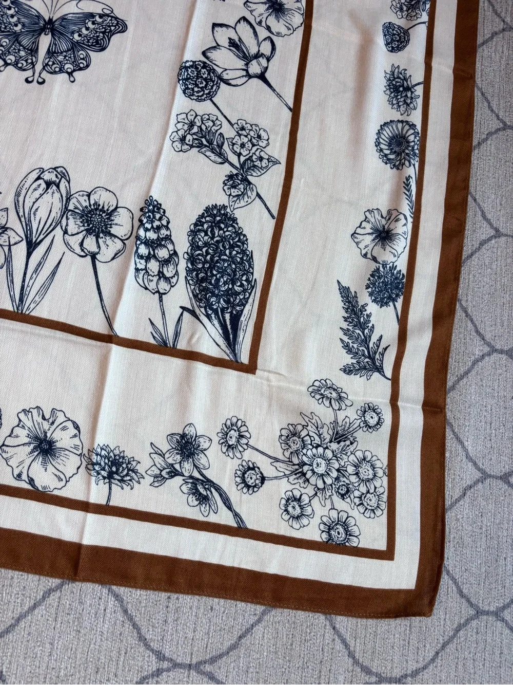Botanical Floral & Butterfly Square Scarf – Ivory, Navy & Cognac Brown